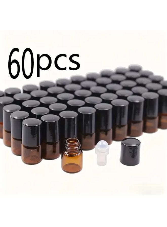 60 Pack Amber Glass Vials With Steel Ball Rollers Leak Proof For Essential Oils - Image 1